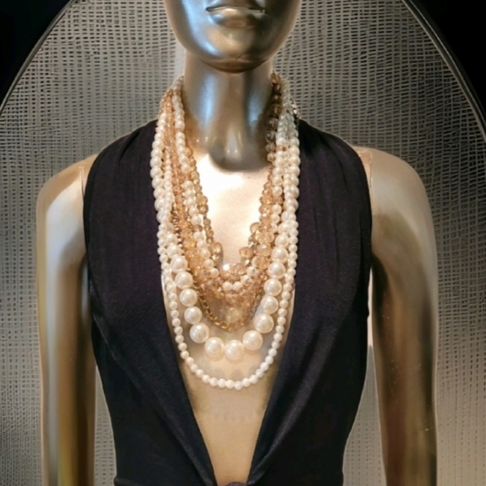 Vintage Austrian Crystal & Pearl Multi Layer Gold Necklace